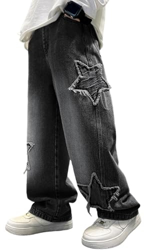 Rolanko Boys Baggy Jeans Elasticated Waist Cargo Wide Leg Skater Jeans with Multipockets Vintage Streetwear Denim Pants for Kids, Black Star Patch, 170, 13-15 Years