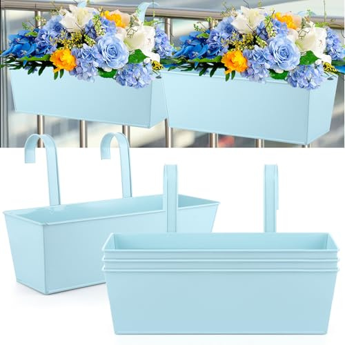DAJAVE 4 Pcs Balcony Planters for Railing Over Fence Planter, 40cm Metal Hanging Planters Outdoor Hanging Flower Pots Large Plant Pot with Hook Hang Planter for Garden Fence Balcony Decor