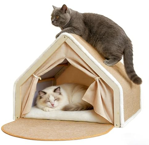 2-in-1 Katzenhaus Mit Kratzbrett Aus Holz, Katzenzelt Indoor | Mit Sisal Kratzfläche Und Weichem Plüschkissen, Faltbare Katzenhöhle Mit Stabiler Holzstruktur, Katzenbett Katzenzelt