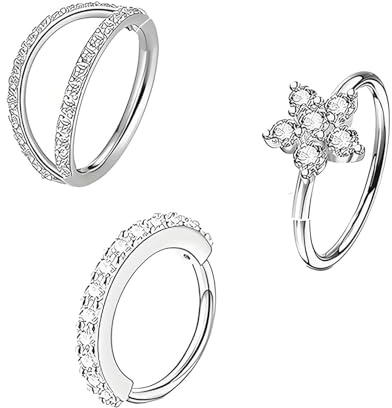 xoqoiuo 3 Pcs Double Nose Ring Set, Nose Ring Double Hoop Noses Rings Flower Style, Noses Hoop Thin Rings Hinged Stainless Steel Suitable for Daily Wear Parties and Gift Giving
