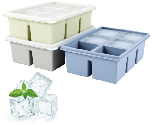 3PCS Large Silicone Ice Cube Trays with Lids BPA Free | Easy-Release Ice Cube Moulds，Stackable Leak Proof Ice Tray for Freezer, Whiskey, Cocktail, Drink, Juice
