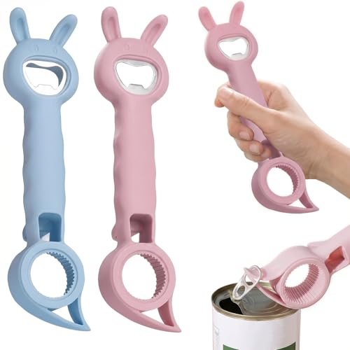 ITCGOB Abrebotellas Multifuncional 4 en 1 (Pack de 2), Abridor de Botes y Tarros para Manos Débiles, Abridor de Botellas de Cerveza y Tapones de Rosca, Diseño Ergonómico de Conejo, Rosa y Azul