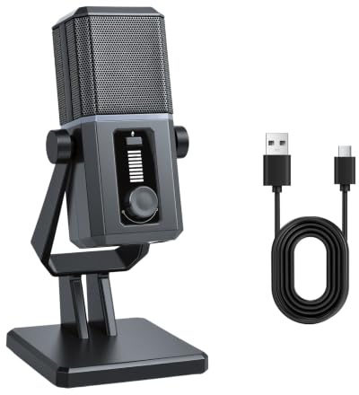 ELUTENG Micrófono USB para PC, micrófono condensador de 14 mm con iluminación RGB y cable USB a tipo C para computadora y portátil, micrófono de podcast de escritorio con silencio rápido, cancelación