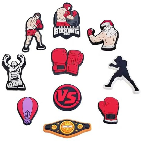 Lot de 10 Pins Boxe pour Sabots et Chaussures à Trous – Charms Décoratifs Thème Boxing – Gants de Boxe, Ceinture de Champion, Boxeurs et Accessoires Sportifs – Personnalisation Femme Homme