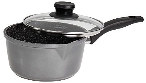 STONELINE® Stielkasserolle 18 cm, mit Glasdeckel, induktionsgeeignet, Aluguss, Antihaftbeschichtung mit echten Steinpartikeln, grau