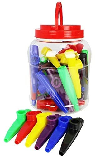 A-Star Kunststoff-Kazoos in mehreren Farben – Packung mit 40 Stück – in Kunststoffwanne mit Tragegriff
