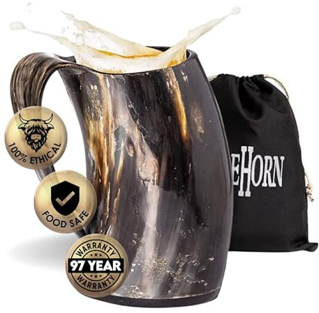 AleHorn Viking Drinking Horn Tankard, 24 oz XL Beer Mug with Handle
