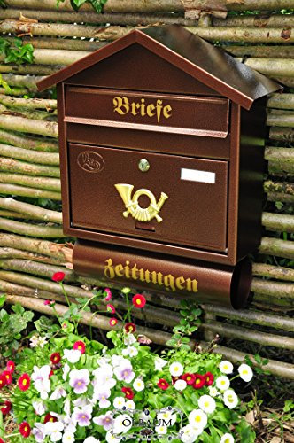 BTV Wandbriefkasten,Briefkasten, Premium-Qualität aus Stahl, verzinkt, pulverbeschichtet Spitzdach S Kupfer kupferfarben braun + Zeitungsfach Zeitungsrolle Postkasten