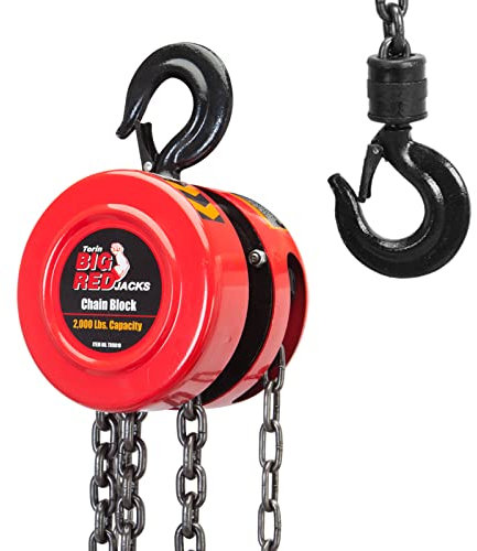 BIG RED Hand Chain Hoist 1 Ton 2000 Lbs Capacity 8ft/2.5m Torin Manual Chain Fall with 2 Heavy Duty Hooks, for Warehouse Automotive Machinery, Red, TR9010