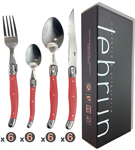 Lebrun Couverts - Type Laguiole Boite 24 Pièces - Set de Couverts en Acier Inoxydable - Ménagères pour 6 Personnes - Couteaux Steak, Fourchettes, Cuillères à soupe et Cuillères à Café