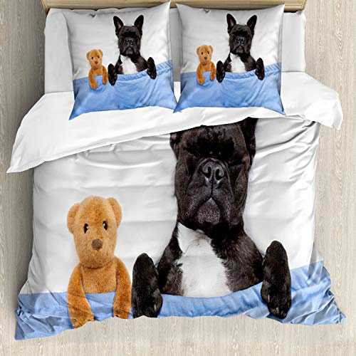 ABAKUHAUS Tier Bettbezugs Set Für Doppelbetten, Französisch Bulldog mit Bär, Milbensicher Allergiker geeignet mit Kissenbezügen,Weiß Blau Schwarz