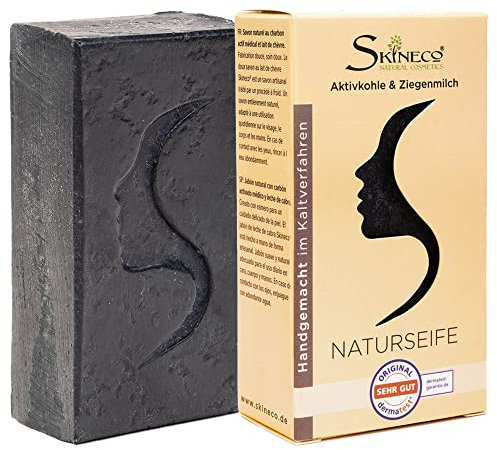 Skineco Savon naturel durable au lait de chèvre avec charbon actif - Savon noir - Savon contre les peaux grasses - Savon pour le corps - Cosmétique naturel fait à la main - Nettoyage du visage