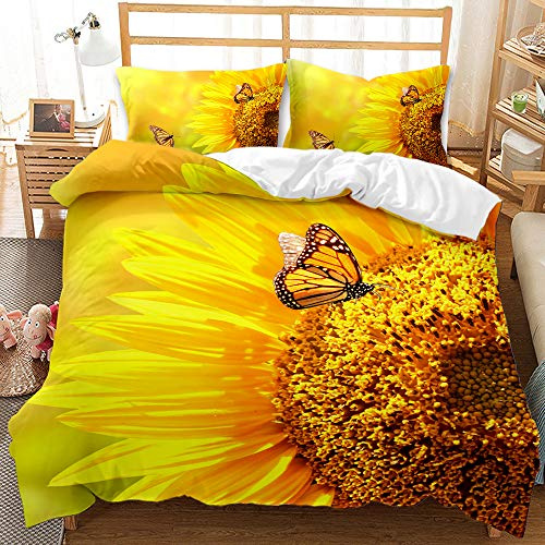 FANSU 3D Bettwäsche-Set, Tier Schmetterling Druck Schlafzimmer Mikrofaser Bettwäsche Set 2/3 teilig - Kissenbezug + Bettbezug mit Reißverschluss Schließung (Sonnenblume,135x200cm)