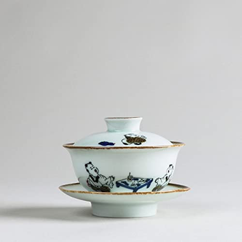 DUNGS Service à thé Gaiwan en céramique peinte à la main en porcelaine anglaise bleue et blanche