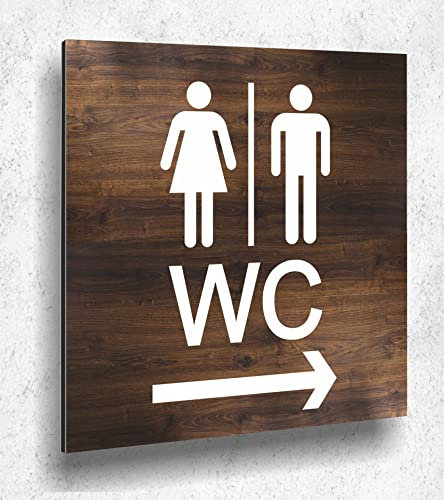 Türschild WC Schild Pfeil Rechts Holzoptik Eiche Dunkel Damen Herren Holz UV Druck 12 x 12cm - 3mm Aluverbund - Made in Germany Art.Nr. E 2100