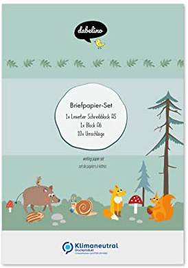 dabelino® Kinder-Briefpapier-Set: Waldtiere (Fuchs, Eichhörnchen) - A5, liniert mit Umschlägen + Malblock (für Jungen, Mädchen, grün)