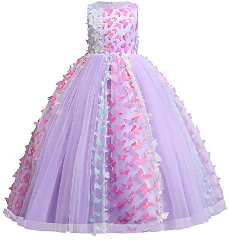 Papillon Robe Fille Enfant Princesse Mariage Appliqué 3D Robe Demoiselle d'honneur Soirée sans Manches Tutu Tulle Longue Fantasie Anniversaire Carnaval Fête Pageant Cérémonie 4-14 Ans