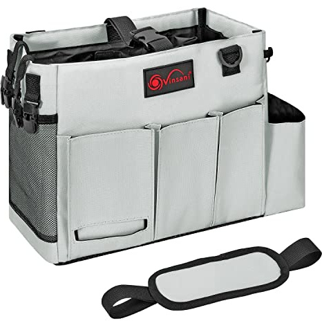 Vinsani Cleaning Caddy Storage Organizer with Handle & Adjustable Strap | Foldable Multifunctional Storage Bag for Kitchen, Bathroom, Garden & Household Cleaning Tools - Medium, Light Grey