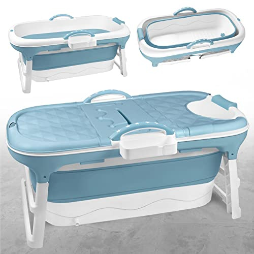 TRMLBE Baignoire Pliable pour Adultes Portable en PP+TPE avec Couvercle Amovible et Poignée - Bleu (118 x 62 x 52cm)