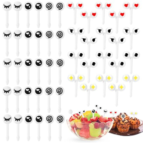 50 Stück Cartoon Obst Augen Bento Jausendeko Kinder Obstgabeln Plastik Gabeln mit Mini Augen Karikatur Ausdruck Frucht für Kinder Bento Tiere Food Picks