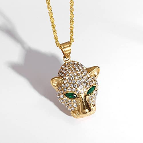 Cristal De Hielo Zirconia Ojos Verdes Leopardo Cabeza Colgante Bestia Animal Collar Hombres Hip Hop Rock Joyería Regalo,Color Dorado