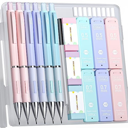 Four Candies Pastell Druckbleistift Set mit Etui, 6 Stück Minenbleistift 0,5 & 0,7 mm, mit 360 HB Bleistiftminen, 3 Radiergummis, niedliche Druckbleistifte kinder zum Zeichnen, Schreiben Skizzieren