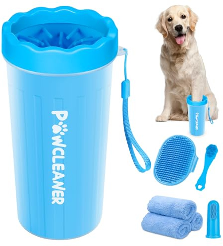 Professional 7 in 1 Dog Paw Cleaner for Dogs & Cats - Includes 1 Portable Paw Washer, 1 Bath Brush, 2 Dog Toothbrushes and 3 Absorbent Towels Note: Fits Paws 2.5 to 3.5 Inches Wide (Large, Blue)