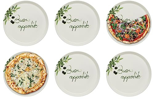 KHG 6er set Pizzateller, extra groß mit 30 cm Durchmesser in Buono appetito | perfekt für Gastro und Zuhause, hochwertiges Porzellan, spülmaschinengeeignet & perfekt Stapelbar, vielseitig einsetzbar