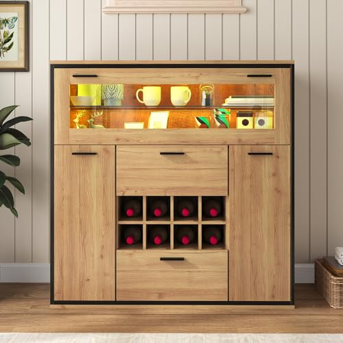 Azkoeesy Vitrine Sideboard in Holzmuster mit LED Licht, Ablage, Weinregal - 110x111x38 cm (BxHxT) Highboard Standvitrine Buffet für Wohnzimmer Schlafzimmer