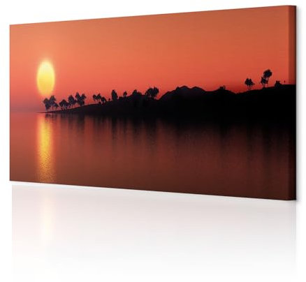 decomonkey - Tableau Acoustique Coucher du Soleil 135x45 1 Pièce - Impression sur Toile Décoration Isolation Phonique Déco Bureau Arbres mer nature paysage orange soleil île coucher de soleil