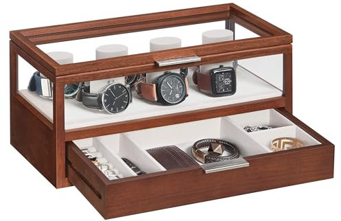 SONGMICS Uhrenbox 2 Ebenen, Uhrenkasten mit Acryl-Deckel, Uhrenkoffer mit 7 Uhrenkissen, 1 Schublade, Samtfutter, Geschenkidee, für Ihre Liebste, kaffeebraun JOW007K01