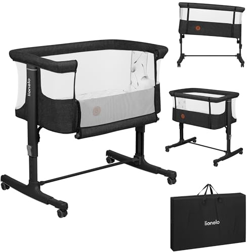 Lionelo Aurora 3-i-1 Babysäng upp till 9 kg – Sidosäng Co-Sleeper, Vagga & Fristående Spjälsäng med Höjdjustering, Lutningsfunktion, Meshpaneler, 4 Hjul med Broms, Madrass & Bärväska, Grafit