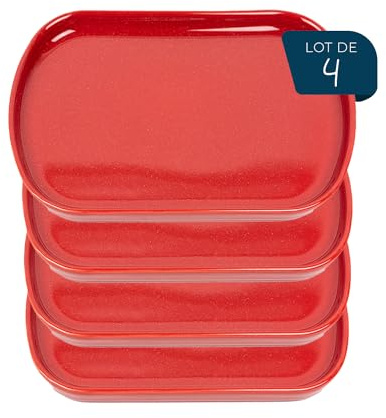 ESPRIT DE CUISINE - Lot de 4 Assiettes Oblongues En Céramique - Design Élégant - Résistant Aux Rayures - Solide Et Durable - Facile À Nettoyer - Made In France - 33 cm - Rouge Moucheté