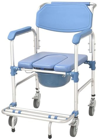 Toilettenstuhl Mit Rollen Für Senioren, WC-Stuhl Toilettenstuhl Mit Armlehnen Und Rückenlehne, Dusch Toilettenstuhl Fahrbar Badezimmer Rollstuhl, 360° Rollen, Bis 150 Kg