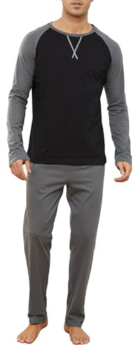 Reliwel Pyjamas Herr Lätt Bomull Pyjamas Män Bomull Långa Kontrasterande Färger Rund Hals Långärmad Och Tvådelade Byxor Lätt Mjuk, Grå svart, XL