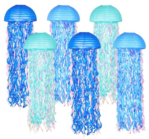 OBXT 10 Blue Hanging Jellyfish Paper Lanterns - Under the Sea Party & Mermaid Birthday Decorations, Baby Shower, Nautical Events, Ocean Theme Classroom & Beach Room Decor (Set of 6)