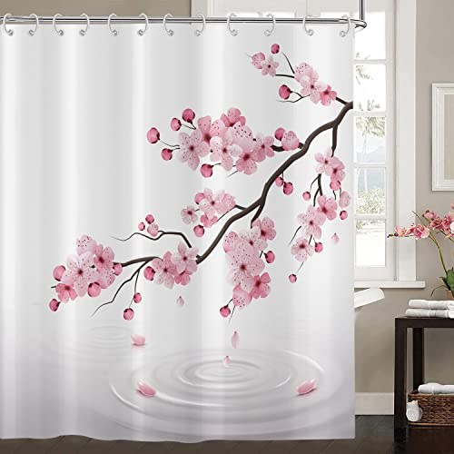 Duschvorhang Kirschblüten 120x200, Hnmdmyi Rosa Blumen Duschvorhänge Japanisch Asiatischer Stil Sakura Kunst Badewanne Vorhang Wasserdicht Polyester Stoff Waschbar Badevorhang für Badezimmer mit Haken