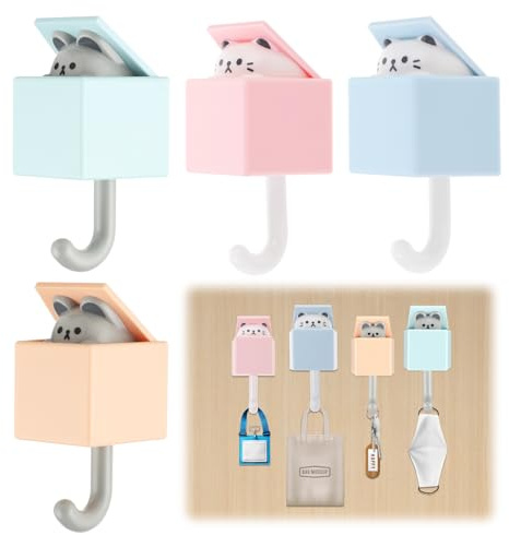 4 Packs Cat Hooks for Wall, Creative Adhesive Cute Pet Hooks Coat Hook for Wall Hanging Decorations, Utility Cat and Mouse Key Hook for Key, Scarf, Hat, Towel, Coat, Bag (Multicolor, 4PCS)