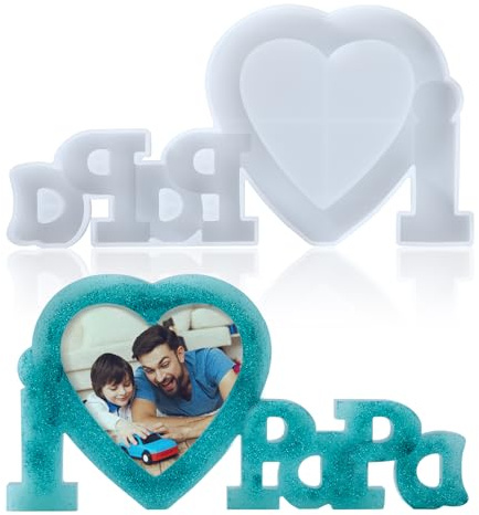 ZLLkeji Juego de moldes de fundición de resina, resina epoxi en forma de corazón, moldes de silicona, marco de fotos, kit de soporte para fotos, juego de soporte para fotos, manualidades, decoración