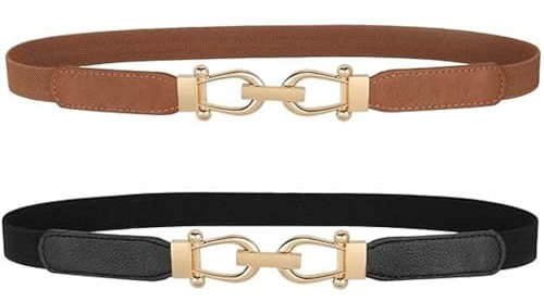 Flintronic Frauen Elastischer Gürtel, 2 Stück Taillengürtel, Damen Dünne Elastische Taille Stretch Gürtel Mit Goldener Schnalle, Schmaler Taillengürtel