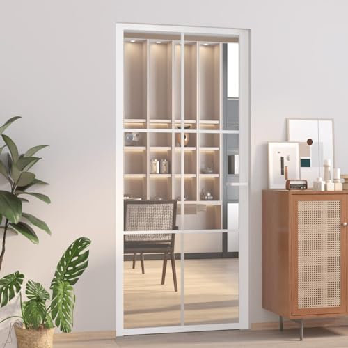 Homgoday Innentür Glastür Zimmertür Komplettset Tür mit Griff Drehtür Wohnungstür Modernes Design Bürotür Tür mit Montagezubehör 93x201,5 cm Weiß ESG-Glas und Aluminium