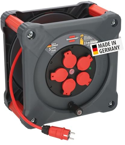 Brennenstuhl Professional Baustellen-Kabeltrommel KA 3210 5 IP44, 33m | H07BQ-F 3G2,5 Kabel in rot, 5 Schutzkontakt-Steckdosen, Baustelleneinsatz und ständiger Einsatz im Freien, Made in Germany