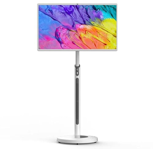 FXNFXLA Televisor Inteligente portátil de 32 Pulgadas con Ruedas, Color Blanco, batería incorporada de 15 000 mAh, Almacenamiento de 8+128, rotación Completa, 1080p, TV rodante