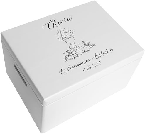 Creative DECO Blanca Caja Regalo Personalizada Primera Comunión | Caja de Memoria de Madera para Niños/Niñas | Personalizado - Cáliz | Impreso | Personalizadas para Niño y Niña | Personalizados