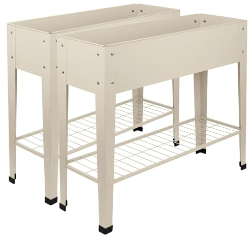 Harbour Housewares Elevated Raised Garden Beds with Legs & Storage Shelf - Ivory - 2x Metal Raised Bed Galvanised Steel Planter Box for Growing Outdoor Plants, Vegetables, Flowers and Herbs