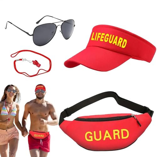 Ghjkldha Sand lot Lifeguard Costume, Adjustable Lifeguard Outfit, Baywatch Accessories, Sun Visor, Fanny Pack, Sunglasses, Whistle, EnjoymentBeach Party Attire Decor