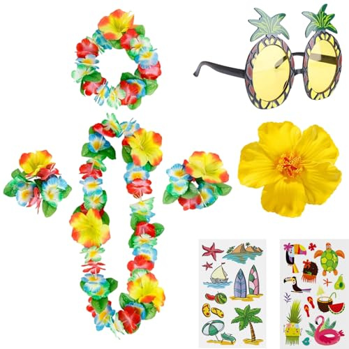 Scinzene Hawaii Outfit Damen 8-teiliges Set mit Blumenketten Hawaii, Ananas-Sonnenbrille und Blumenhaarspangen für Strandpartys, Luau-Party-Deko