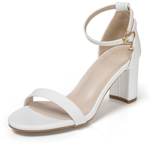 qibusleen Sandali da donna bianchi con tacco spesso, comodi, sexy, con punta rotonda aperta, due cinturini e cinturino alla caviglia, scarpe eleganti per sposa, festa, appuntamento, matrimonio, 7,1 cm