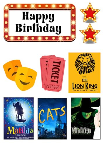Edible print A4 Theatre Musicals theme Cake topper set cake decorations icing paper UNCUT - Happy Birthday - (wafer card)