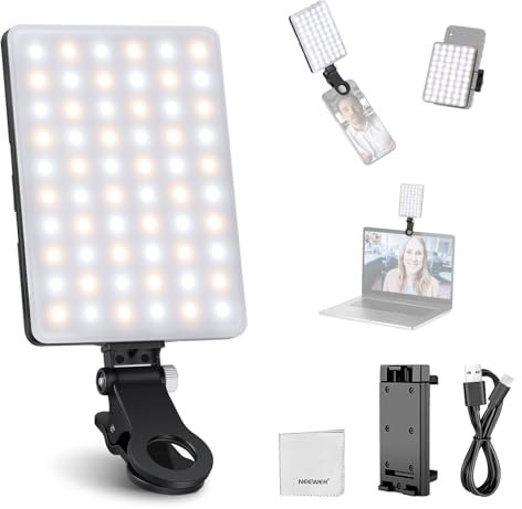 NEEWER BÁSICO Clip on Luz LED Selfies Compatible con iPhone, Recargable 2000mAh, con Soporte Teléfono Paño Limpieza, Luz Relleno para Webcam Laptop Zoom Videoconferencia Grabación Maquillaje, NL-60AI
